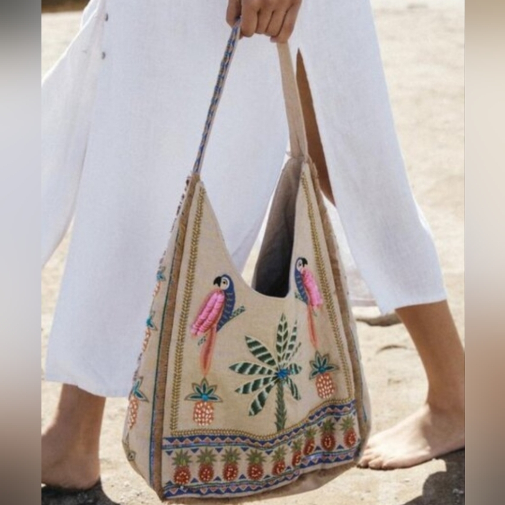 ZARA Beaded Shopper Parrot Ananas Summer Tropical Scene Shoulder Hobo Bag